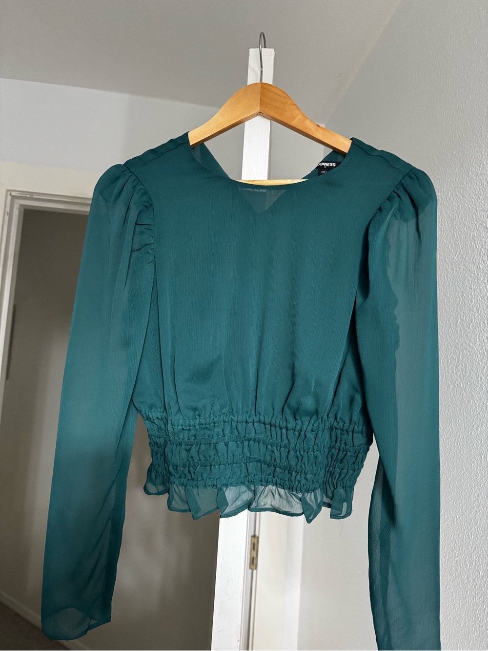 Express Green Smocked-Waist Long-Sleeve Blouse